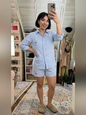 Active USA Blue Pinstripe Cherry  Button Down Shirt + Shorts Lounge Set